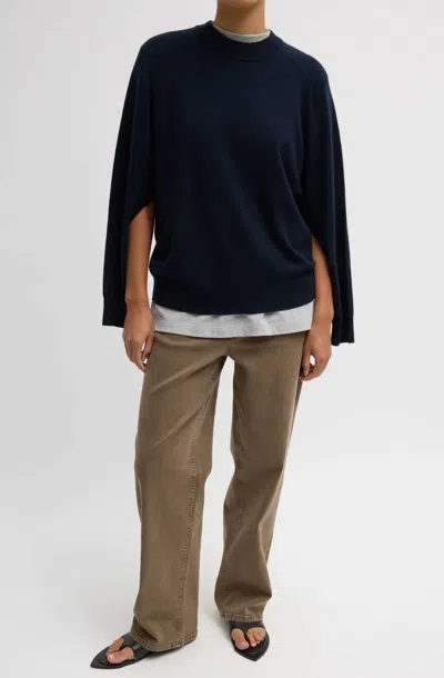 Tibi Washable Cashmere Crewneck Cut Out Sleeve Sweater In Navy In Blue