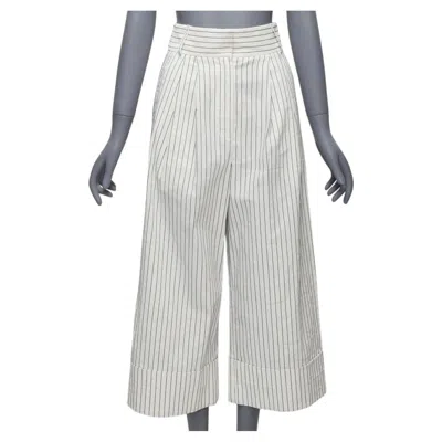 Pre-owned Tibi White Black Pinstriped Linen Pleated Front Wide Leg Cropped Pants Us0 Xs