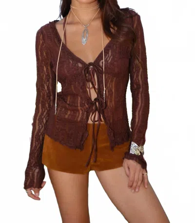 Tic Toc Ravenlee Sheer Tie Long Sleeve Top In Brown