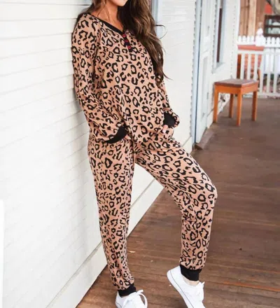 Tickled Teal Animal Print Set Pajama In Leopard Brown In Multi