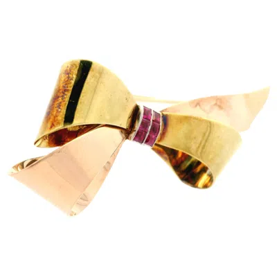 Pre-owned Tiffany & Co . 14k Rose Green Gold Square Step Cut Ruby Ribbon Bow Pin Brooch In Red