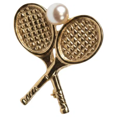 Pre-owned Tiffany & Co . 14k Yellow Gold Cultured Pearl Tennis Racket Brooch Pin