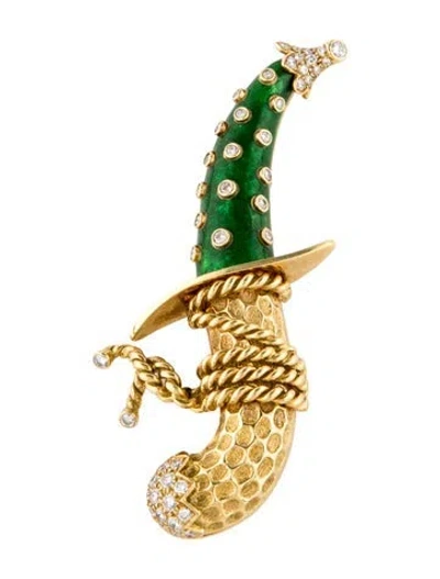 Pre-owned Tiffany & Co 18k 1.25ctw Diamond & Enamel Dagger Brooch In Green