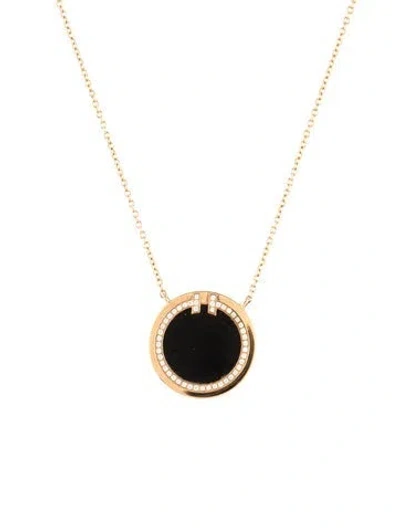 Pre-owned Tiffany & Co 18k Diamond & Onyx Circle Pendant Necklace, 18" In Multi