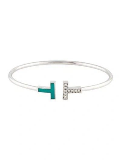 Pre-owned Tiffany & Co 18k Diamond & Turquoise T Wire Bracelet”, 6.25" In Multi