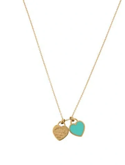 Pre-owned Tiffany & Co 18k Enamel Mini Double Heart Tag Pendant Necklace, 18" In Blue