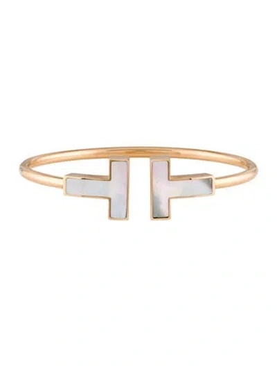 Pre-owned Tiffany & Co 18k Mother Of Pearl T Wire Bracelet, 6" In White