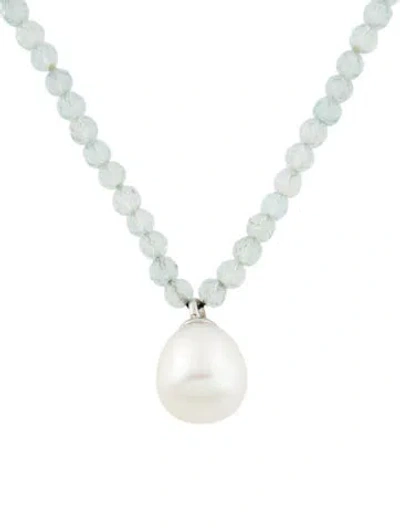 Pre-owned Tiffany & Co 18k Pearl & Aquamarine Pendant Necklace, 16" In Multi