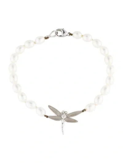 Pre-owned Tiffany & Co 18k Pearl & Diamond Dragonfly Charm Bracelet, 7" In Multi