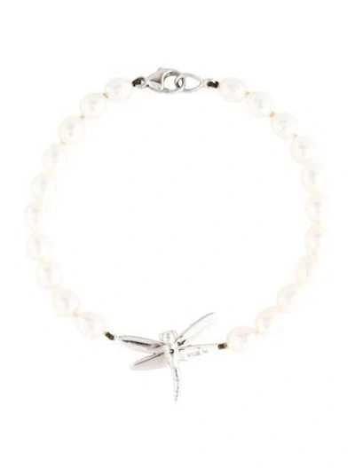 Pre-owned Tiffany & Co 18k Pearl & Diamond Dragonfly Charm Bracelet, 7.25" In Multi