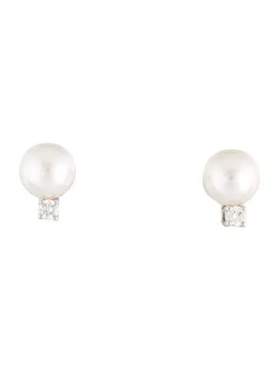 Pre-owned Tiffany & Co 18k Pearl & Diamond Signature Stud Earrings In Multi