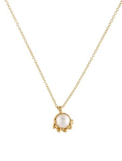 Pre-owned Tiffany & Co 18k Pearl Olive Leaf Pendant Necklace, 16" In Multi