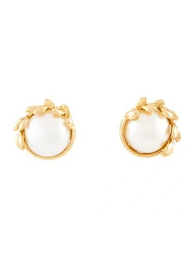 Pre-owned Tiffany & Co 18k Pearl Olive Leaf Stud Earrings In Multicolor