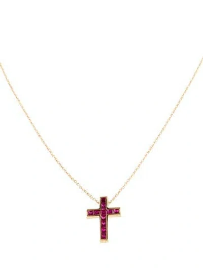Pre-owned Tiffany & Co 18k Ruby Cross Pendant Necklace, 16" In Multi