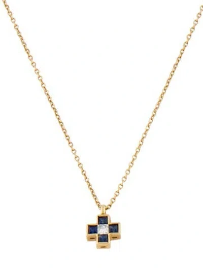 Pre-owned Tiffany & Co 18k Sapphire & Diamond Cross Pendant Necklace, 17.5" In Multi