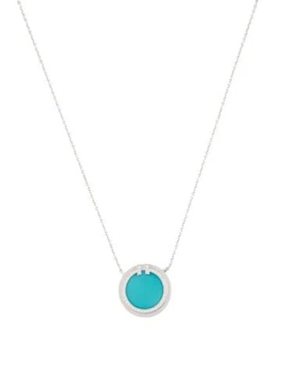 Pre-owned Tiffany & Co 18k Turquoise & Diamond Circle Pendant Necklace, 18" In Multi