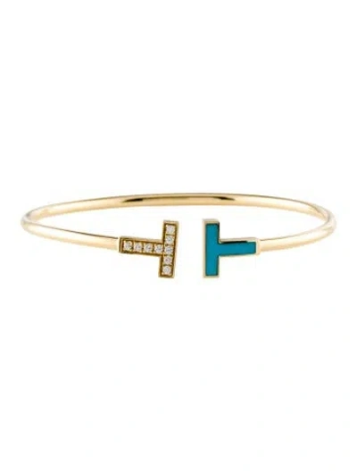 Pre-owned Tiffany & Co 18k Turquoise & Diamond Wire Bracelet, 6.5" In Multi