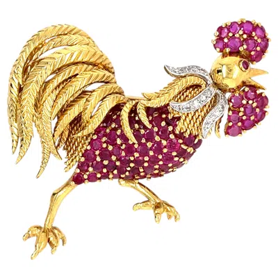 Pre-owned Tiffany & Co . 18k Yellow Gold And Platinum Ruby And Diamond Rooster Brooch
