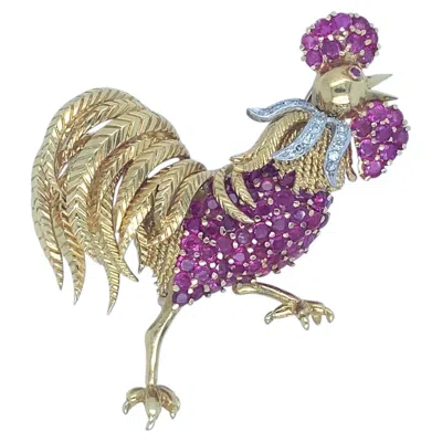 Pre-owned Tiffany & Co . 18k Yellow Gold And Platinum Ruby And Diamond Rooster Brooch