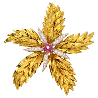 Pre-owned Tiffany & Co . 18k Yellow Gold Diamond & Ruby Pin Brooch