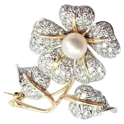 Pre-owned Tiffany & Co 18k Yellow Gold Platinum Diamond Pearl Pin Brooch