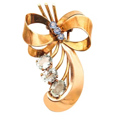 Pre-owned Tiffany & Co . 1935 Retro Modernist Brooch In 14kt Gold Sapphires & Aquamarine In Multi