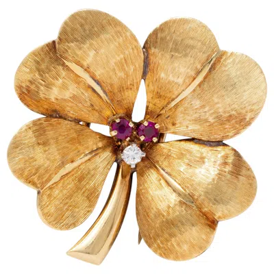 Pre-owned Tiffany & Co . 1950's Diamond Ruby 14k Gold Antique Four Leaf Clover Brooch In Multiple