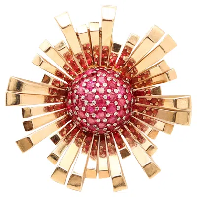 Pre-owned Tiffany & Co . 1950 Retro-modern Brooch 18kt Yellow Gold With 6.48 Cwt Rubies