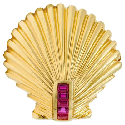 Pre-owned Tiffany & Co . 1960's 0.70 Ctw Ruby 18 Karat Yellow Gold Vintage Seashell Brooch