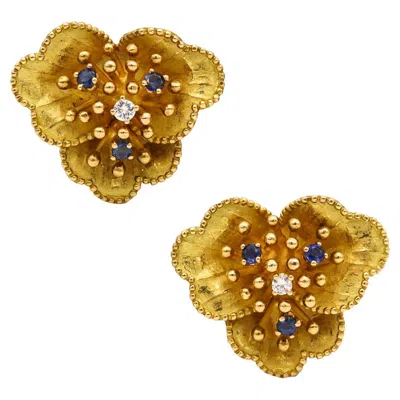 Pre-owned Tiffany & Co . 1960 Retro Flowers Earrings In 18kt Gold With Sapphires & Diamonds In Multi