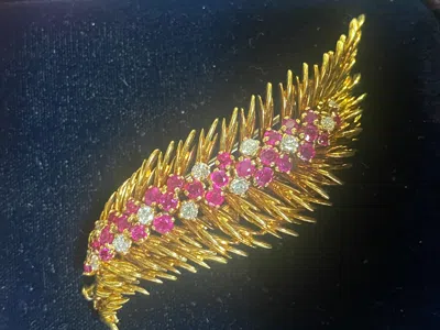 Pre-owned Tiffany & Co Tiffany And Co's 1970s 18 Carat Gold, Diamond And Ruby Feather Brooch With Box In Multi