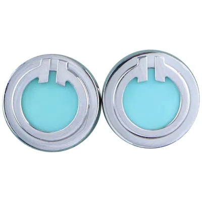 Pre-owned Tiffany & Co 22268  18k White Gold 9.65mm Turquoise T Circle Stud Earrings