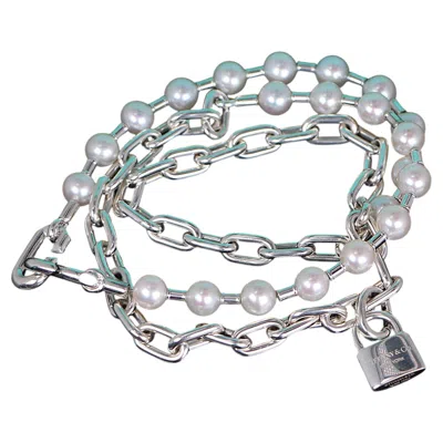 Pre-owned Tiffany & Co 26657  Sterling Silver Cultured Pearl Hardwear Padlock Wrap Bracelet In Multiple