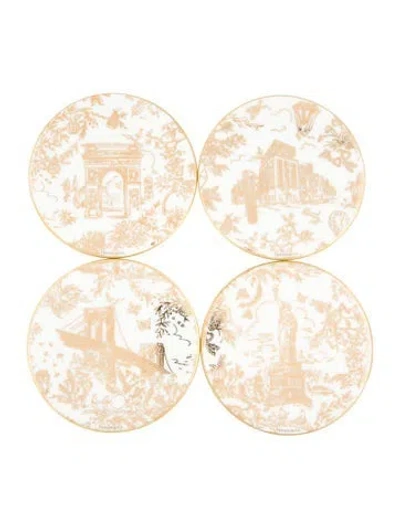 Pre-owned Tiffany & Co 4-piece Nyc Toile Bone China Coasters Set In Gold