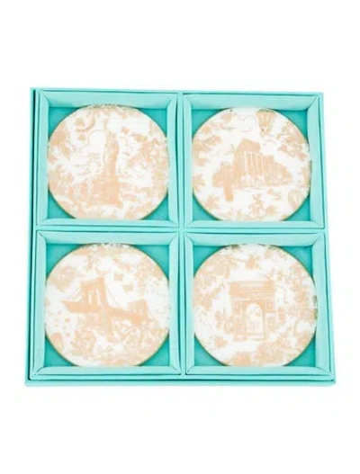 Pre-owned Tiffany & Co 4-piece Nyc Toile Bone China Coasters Set In Silver