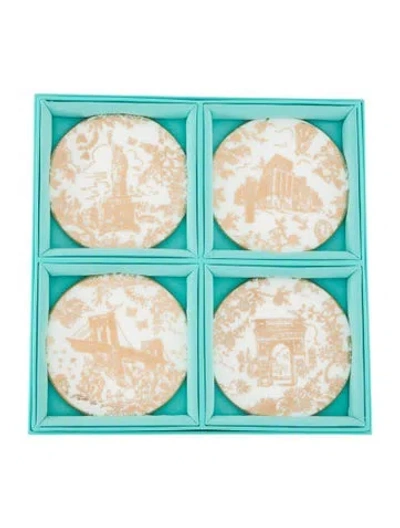 Pre-owned Tiffany & Co 4-piece Nyc Toile Bone China Coasters Set In Silver