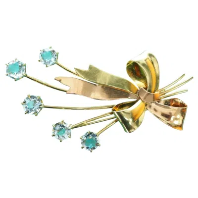 Pre-owned Tiffany & Co Antique Art Deco . 14k Yellow Gold Aquamarine Ribbon Bow Brooch Pin