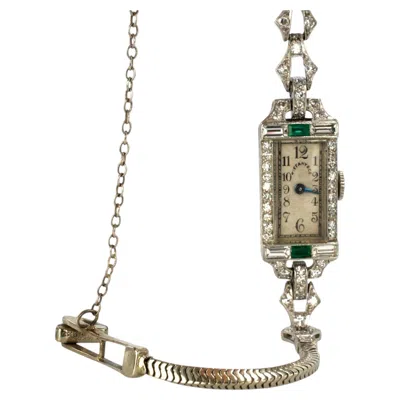 Pre-owned Tiffany & Co . Art Deco Diamond And Emerald Watch In Platinum And White Gold