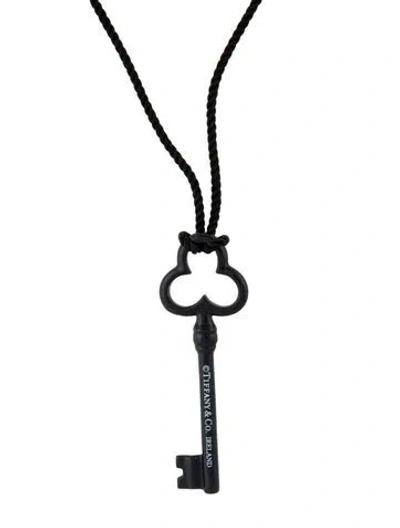 Pre-owned Tiffany & Co Bone China Trefoil Key Pendant Necklace, 30" In Black