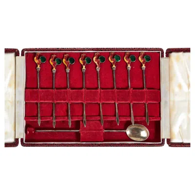Pre-owned Tiffany & Co Cased Set 8 Silver & Enamel Cockerel Cocktail Sticks In Red