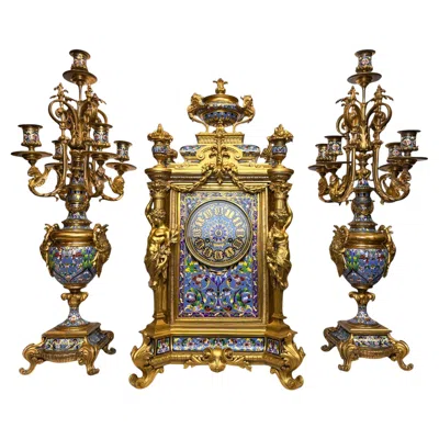 Pre-owned Tiffany & Co Champlevé And Bronze Clock Set With Candelabras In Brown