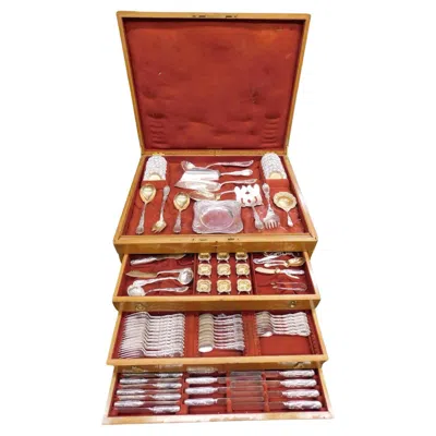 Pre-owned Tiffany & Co Chrysanthemum Tiffany Sterling Silver Flatware Set Service 255 Pcs Fitted Chest In Brown
