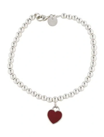 Pre-owned Tiffany & Co Diamond & Enamel Heart Tag Bead Bracelet, 6.5" In Red