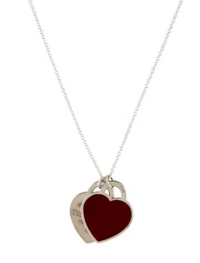 Pre-owned Tiffany & Co Double Heart Tag Pendant Necklace, 18" In Red