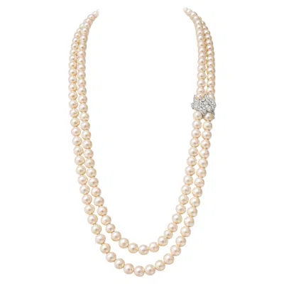 Pre-owned Tiffany & Co . Double Strand Pearl Necklace Platinum Diamond Clasp Gia In Multi