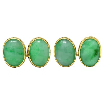 Pre-owned Tiffany & Co . Early Art Deco Jadeite Jade 18 Karat Yellow Gold Antique Cufflinks