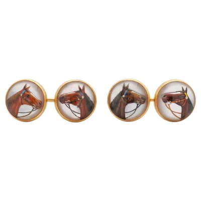 Pre-owned Tiffany & Co Edwardian Essex Crystal 14k Gold Antique Horse Equestrian Cufflinks In Multi