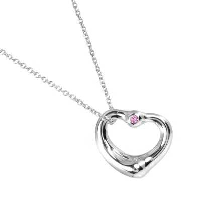 Pre-owned Tiffany & Co . Elsa Peretti Open Heart Pendant Necklace Sterling Silver With Pink Sapphire Silver Sil