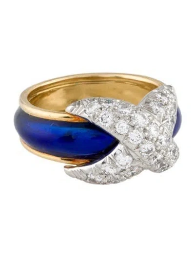 Pre-owned Tiffany & Co Enamel & Diamond X Ring In Blue