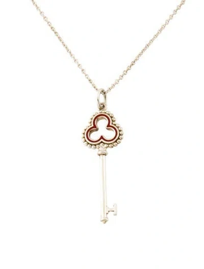 Pre-owned Tiffany & Co Enamel Beaded Open Trefoil Key Pendant Necklace, 18" In Red